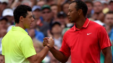 Rory McIlroy and Tigers Woods during the final round of the 2015 Masters