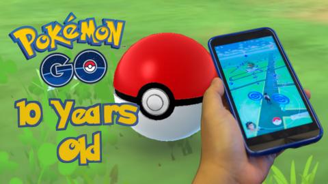 An image of the Pokemon Go logo, along with the words 10 Years old in Pokemon font. Next to a still of a pokeball from the game and a hand holding a phone playing the game. 