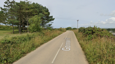 A road in Cornwall where the incident happened, which is surrounded by grass and trees.