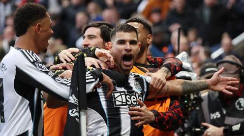 Bruno Guimaraes celebrates after scoring for Newcastle United against Burnley at St James' Park on 6 December, 2025