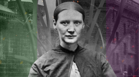 A composite image which includes a black and white photograph of a woman who is looking into the camera. She has her hair tied back and is wearing a sort of cape which is tied at the bottom of the neck and a white blouse underneath. Behind her are old pictures of the prison which are coloured in green on the left and purple on the right.