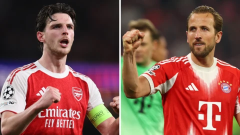 Arsenal's Declan Rice and Bayern Munich's Harry Kane