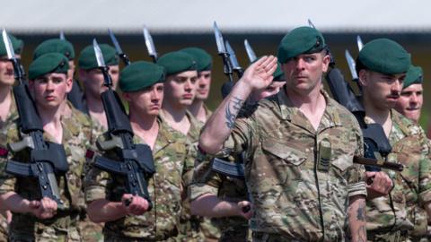 Members of the British Armed Forces rehearse for the VE Day 80 procession at the Army Training Centre Pirbright in Woking, UK, on Friday, May 2, 2025