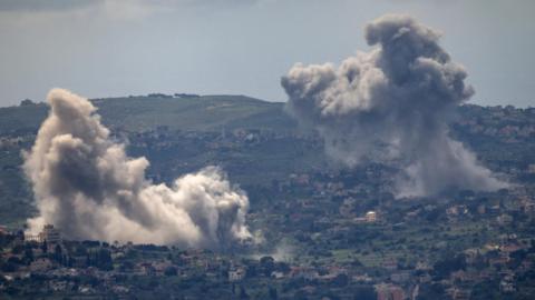 Smoke rises following explosions in southern Lebanon, near the Israel-Lebanon border, as seen from northern Israel (28 April 2026)
