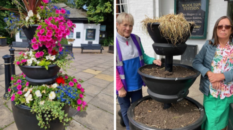 A before and after image of one of the beautiful pink flowers. In the after picture the soil is bare. Kerry and Viv are standing either side of the planter looking frustrated.
