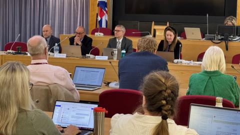 An image of the cabinet meeting - with the new Green leader Councillor Matt Jenkins flanked by fellow councillors and staff.