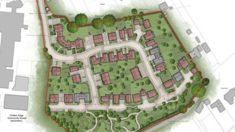 A computer generated image showing an overhead view of the proposed development. The homes are surrounded by trees and green spaces.