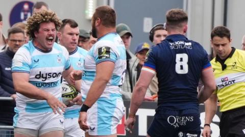 Alfie Barbeary celebrates scoring for Bath at Edinburgh