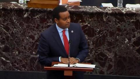 Democrat Joe Neguse presents the prosecution's closing argument at Donald Trump's impeachment trial.