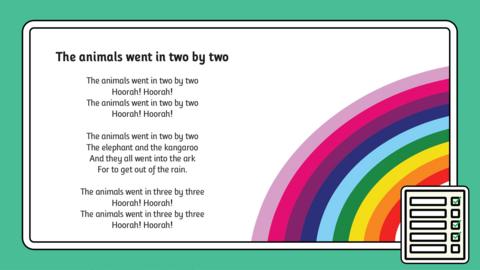 Cartoon rainbow with title and first verses from The animals went in two by two.
