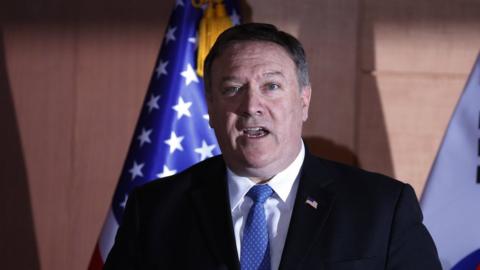 US Secretary of State Mike Pompeo speaks during a joint press conference with South Korean Foreign Minister Kang Kyung-wha and Japan"s Foreign Minister Taro Kono