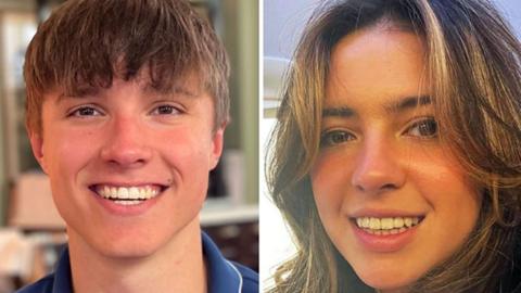 Barnaby and Grace smile into the camera in separate images collated together.