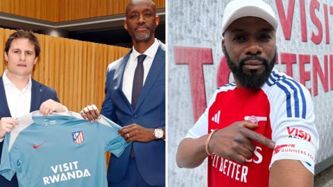 A split image of Atletico Madrid announcing their Visit Rwanda deal and an Arsenal fan pointing towards a Gunners for Peace armband
