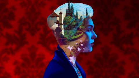 A blue profile silhouette contains a surreal garden scene with winding paths, flowers, trees and small figures, set against a vivid red background. The image blends a human face and landscape into a dreamlike, layered composition.