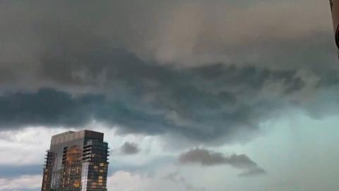 A storm system is seen moving into Minnesota.