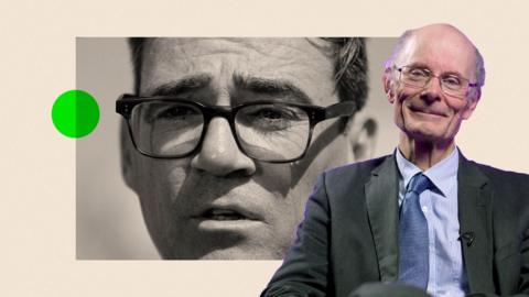 A black and white image of Andy Burnham with a border around which is cream. There is also an image of Sir John Curtice on the right