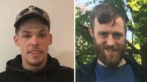 Stuart Tallis, wearing a baseball cap, and bearded William Hutchinson smile for the camera