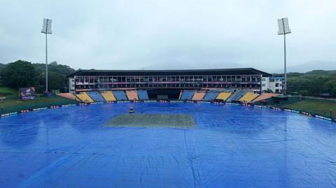Covers on the pitch at  Pallekele Cricket Stadium 