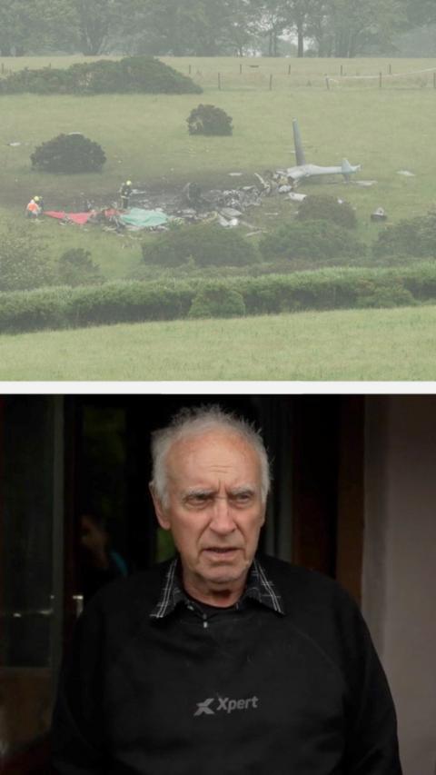 Split image of a helicopter crash and a man on the bottom talking outside his house.