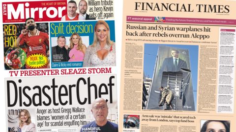 The headline in the Daily Mirror reads: DisasterChef and the headline in the Financial Times reads: Russian and Syrian warplanes hit back after rebels overrun Aleppo