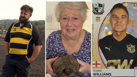 Left to right - A man wearing a yellow and black top stands in a charred field with his hands in his pockets; in the middle, an older woman with white/grey hair and a blue floral dress is smiling and holding a small brown tortoise; right, A scattered arrangement of Panini football stickers, all of which feature Robbie Williams, a man wearing a black football top with brand logos and the letters RW in gold type on the front.

