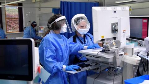 Nurses monitor patients on a COVID-19 ward at Milton Keynes University Hospital