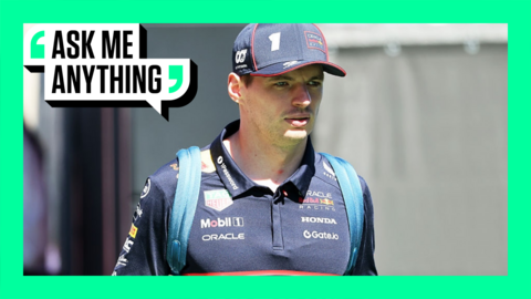 Max Verstappen looking on with an Ask Me Anything border around him
