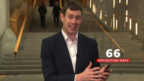 BBC political correspondent Phil Sim in a black suite and white shirt in the lobby of the Scottish Parliament.