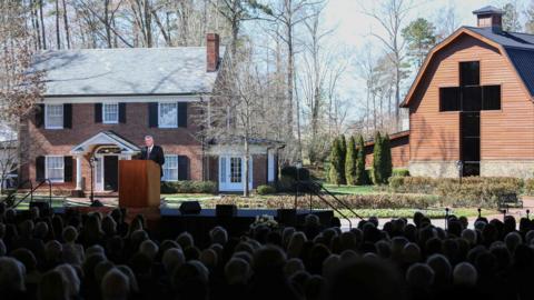 Reverend George Battles Jr. delivers the benediction during the funeral of Reverend Dr. Billy Graham in Charlotte, North Carolina.