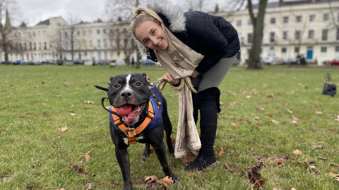 Elise Philcox in the park with her xl bully cross staffy
