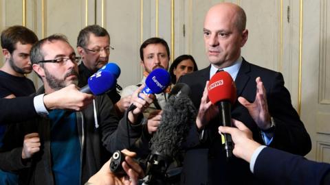 French Education Minister and Youth Affairs Jean-Michel Blanquer addresses media about the video