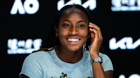 Coco Gauff speaks to the media following her Australian Open fourth-round win over Belinda Bencic