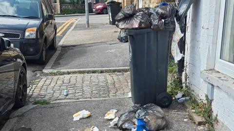 Rubbish on the street after it overspilled out of a bin.