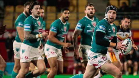 Jackson Hastings with the ball during St Helens' win against Catalans this season