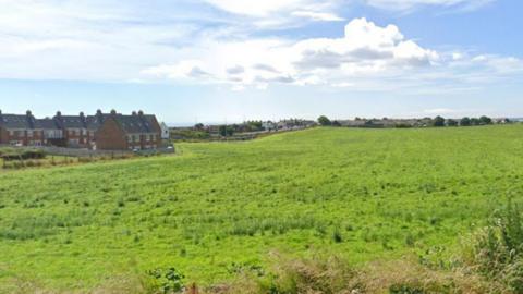 A large green field in Whitburn, which lies between South Shields and Sunderland. In the distance, a row of houses marks the boundary of a village. 