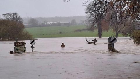 Mae Pont Llechryd yng Ngheredigion dan ddŵr yn llwyr