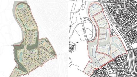 Two images of a planning outline for a housing estate, shaped with a large area of housing at the bottom and a longer curved stretch of housing extending from it.
