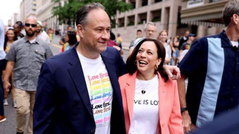 Douglas Emhoff and Kamala Harris at a Pride parade in Washington, DC