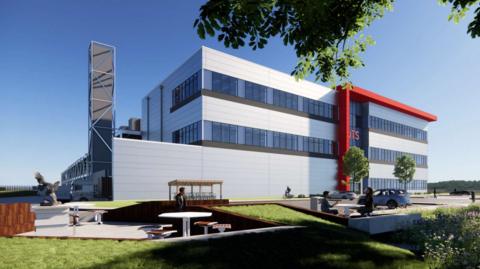 An artist illustration of a large grey metal clad building with rectangular windows. A red section frames the front. Landscaping is in front of it, along with chairs and tables and people sitting outside. 