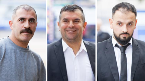 A composite image of three men. The left is a bald man with a moustache and grey sweatshirt, the middle man is smiling with short dark hair and a black jacket and white shirt, and the third on the right, the man has short black hair, with a black shirt with black tie and white shirt.