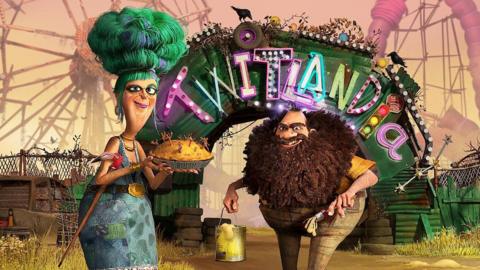 Animation of Mr and Mrs Twit in front of the amusement park.