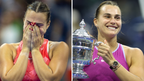 Split picture of Aryna Sabalenka crying after losing 2023 US Open final and Aryna Sabalenka smiling after winning the 2024 US Open final 