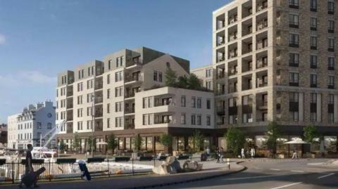 A illustration of the development viewed from North Quay. It is a multi-storey light brick built complex with brown surrounds to the commercial unit windows below.