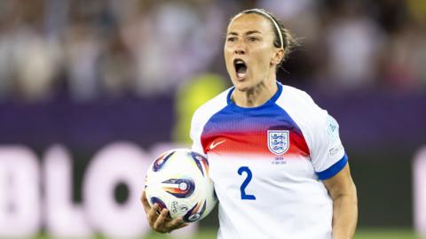 a close up of lioness lucy bronze celebrating after scoring a penalty during the sweden england match in zurich