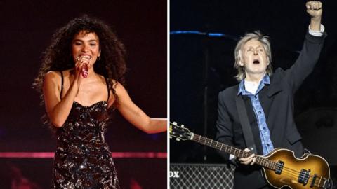 Split screen showing Olivia Dean on the right, dressed in a sequin dress and holding a microphone, and Paul McCartney on the right, wearing a black blazer and playing a guitar