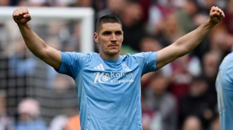 Nottingham Forest's Nikola Milenkovic celebrates scoring their second goal