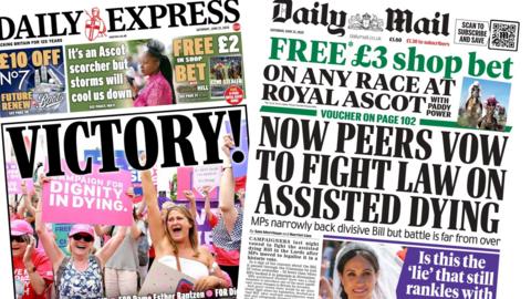 The front pages of the Daily Express and the Daily Mail, which both focus on the assisted dying bill.