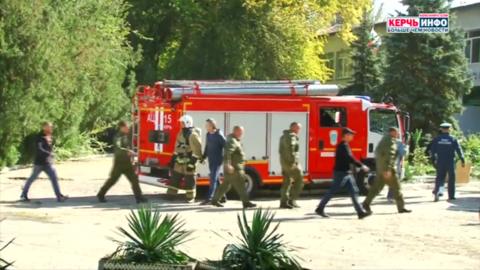 A firefighting truck and army personnel in Kerch, Crimea