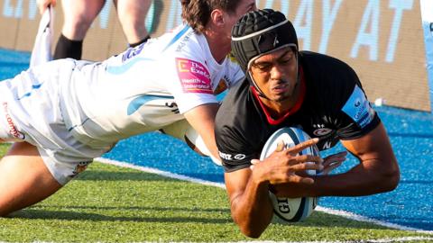 Saracens' Elliott Obatoyinbo scores a spectaculat try against Exeter