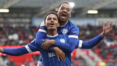 Omari Kellyman of Cardiff celebrates scoring the 1st goal of the match with Chris Willock 